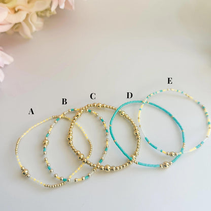 Beachy | 18k gold filled with teal and yellow  bracelet stack | beaded stretch bracelet | tiny bead bracelet | seed bead | bracelet set