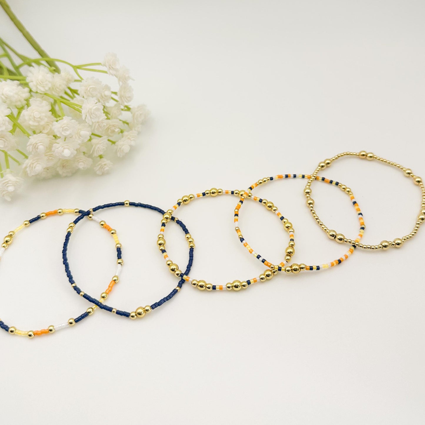 Sunkissed | 18k gold filled with navy, orange & yellow bracelet stack | beaded stretch bracelet | tiny bead bracelet | seed bead bracelets