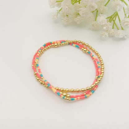 Colorful Mix 3 Piece Bracelet Stack | 18k Gold Filled with Poppy Red, Yellow and Teal Seed Beads| Tiny Bead Bracelet | Stretch bracelet Stack