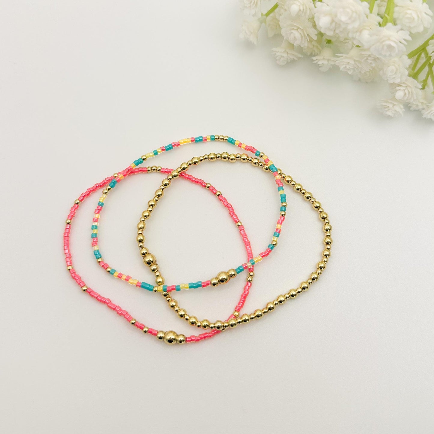 Colorful Mix 3 Piece Bracelet Stack | 18k Gold Filled with Poppy Red, Yellow and Teal Seed Beads| Tiny Bead Bracelet | Stretch bracelet Stack