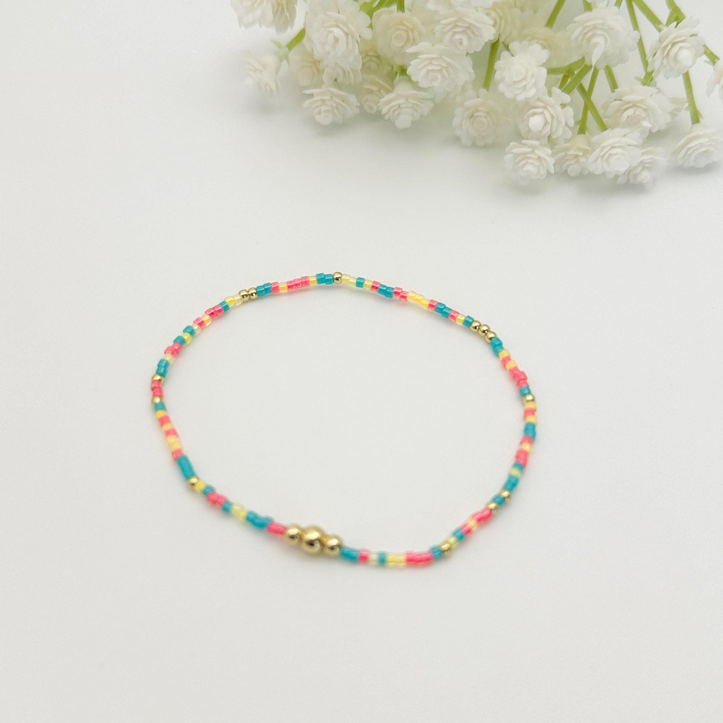 Colorful Mix 3 Piece Bracelet Stack | 18k Gold Filled with Poppy Red, Yellow and Teal Seed Beads| Tiny Bead Bracelet | Stretch bracelet Stack