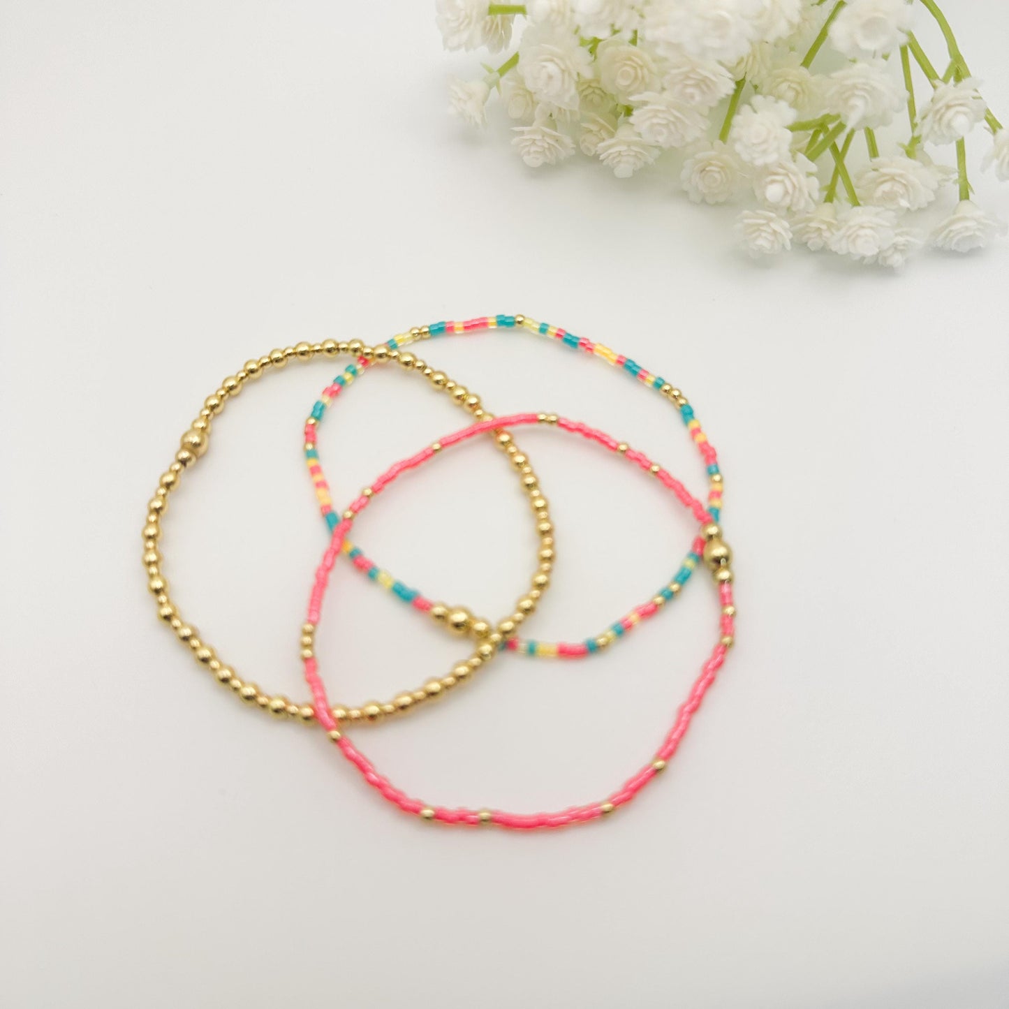 Colorful Mix 3 Piece Bracelet Stack | 18k Gold Filled with Poppy Red, Yellow and Teal Seed Beads| Tiny Bead Bracelet | Stretch bracelet Stack