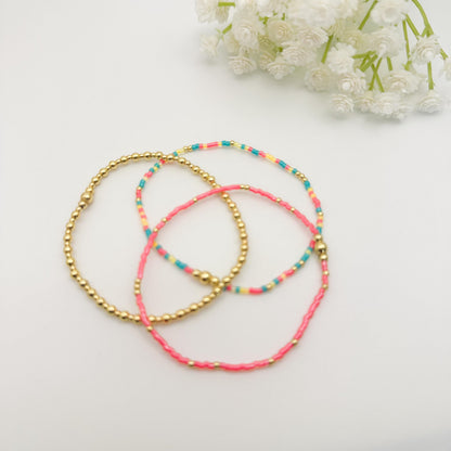 Colorful Mix 3 Piece Bracelet Stack | 18k Gold Filled with Poppy Red, Yellow and Teal Seed Beads| Tiny Bead Bracelet | Stretch bracelet Stack