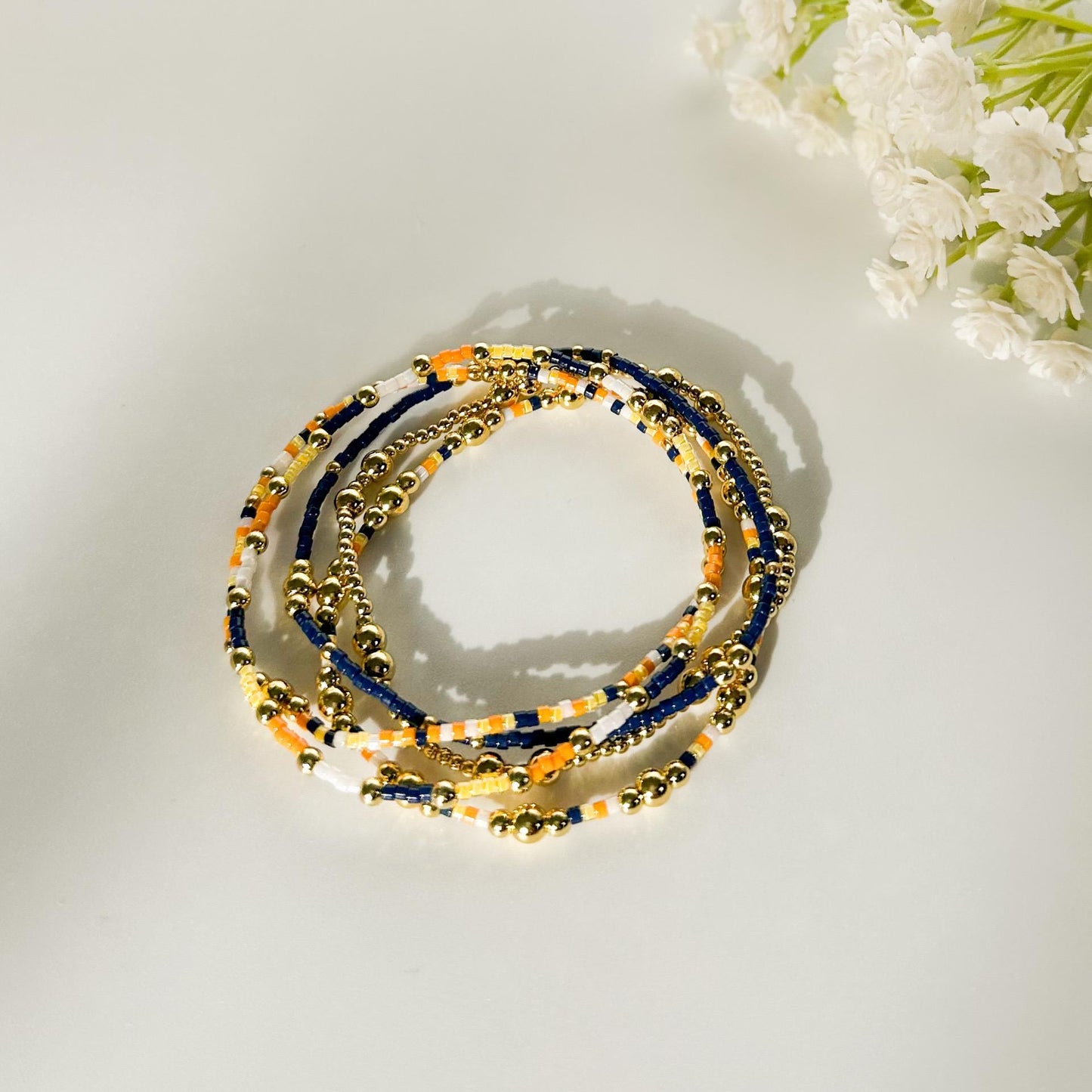 Sunkissed | 18k gold filled with navy, orange & yellow bracelet stack | beaded stretch bracelet | tiny bead bracelet | seed bead bracelets