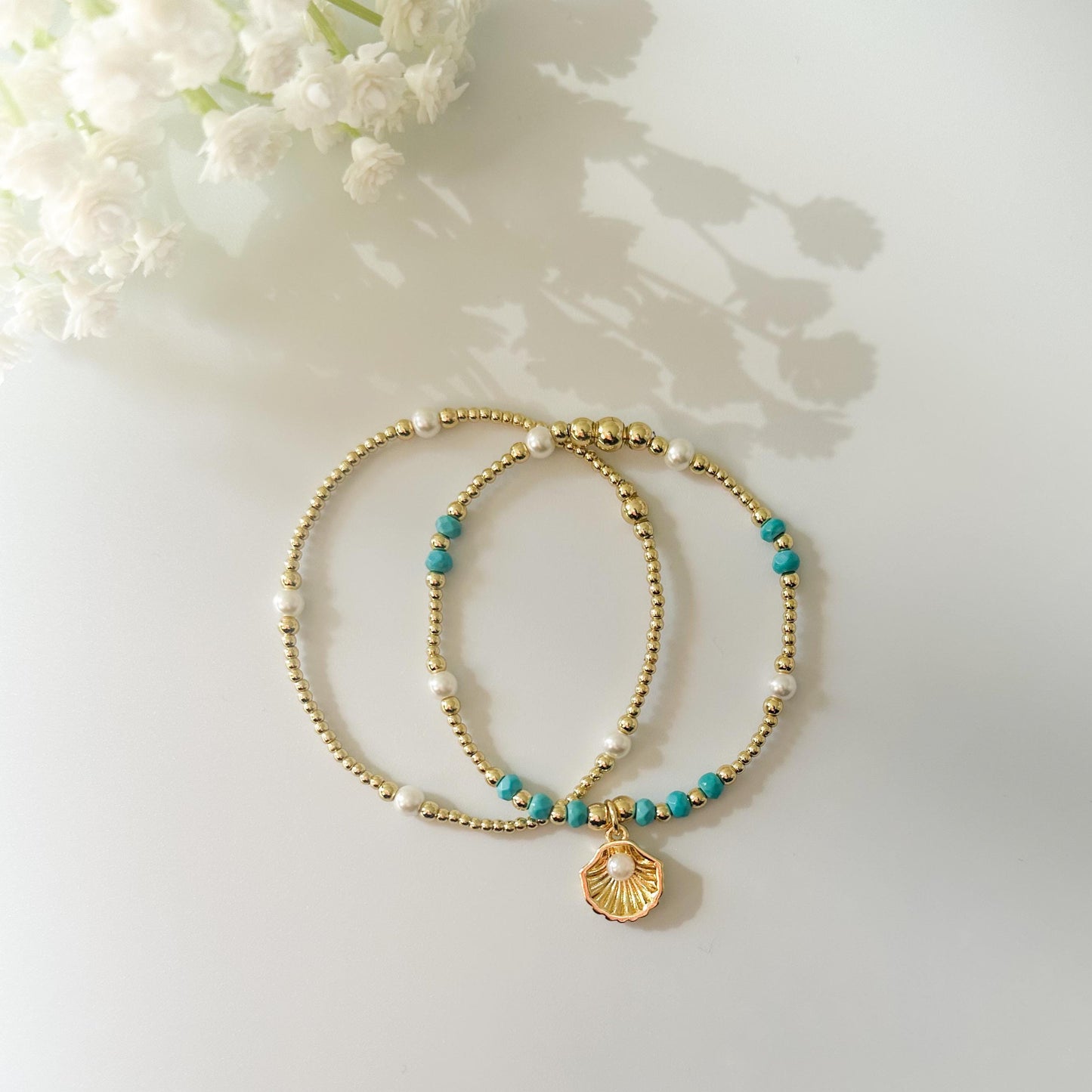 Seashell and pearl charm bracelet set | 18k gold filled teal and pearl bracelet