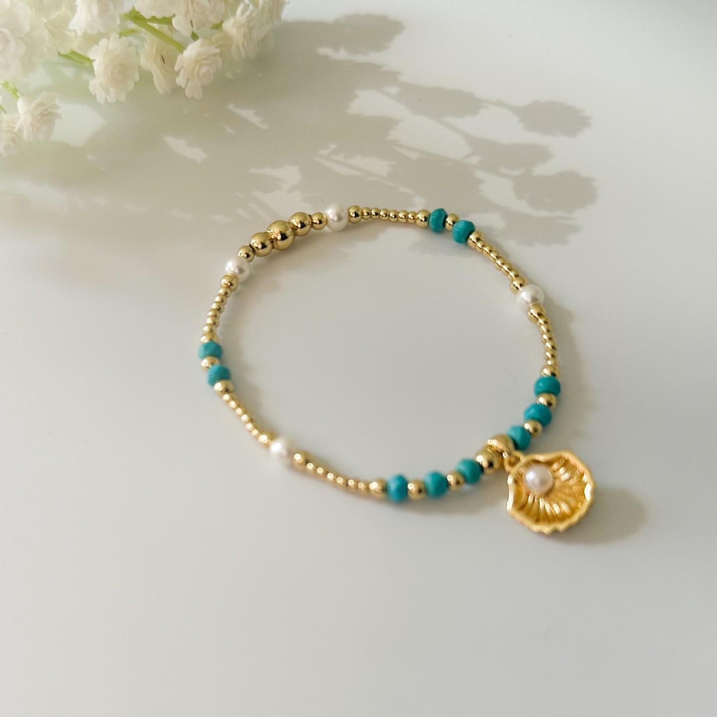 Seashell and pearl charm bracelet set | 18k gold filled teal and pearl bracelet