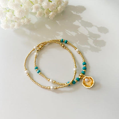 Seashell and pearl charm bracelet set | 18k gold filled teal and pearl bracelet | stretch bracelet | gold bracelets |beachy jewelry | summer