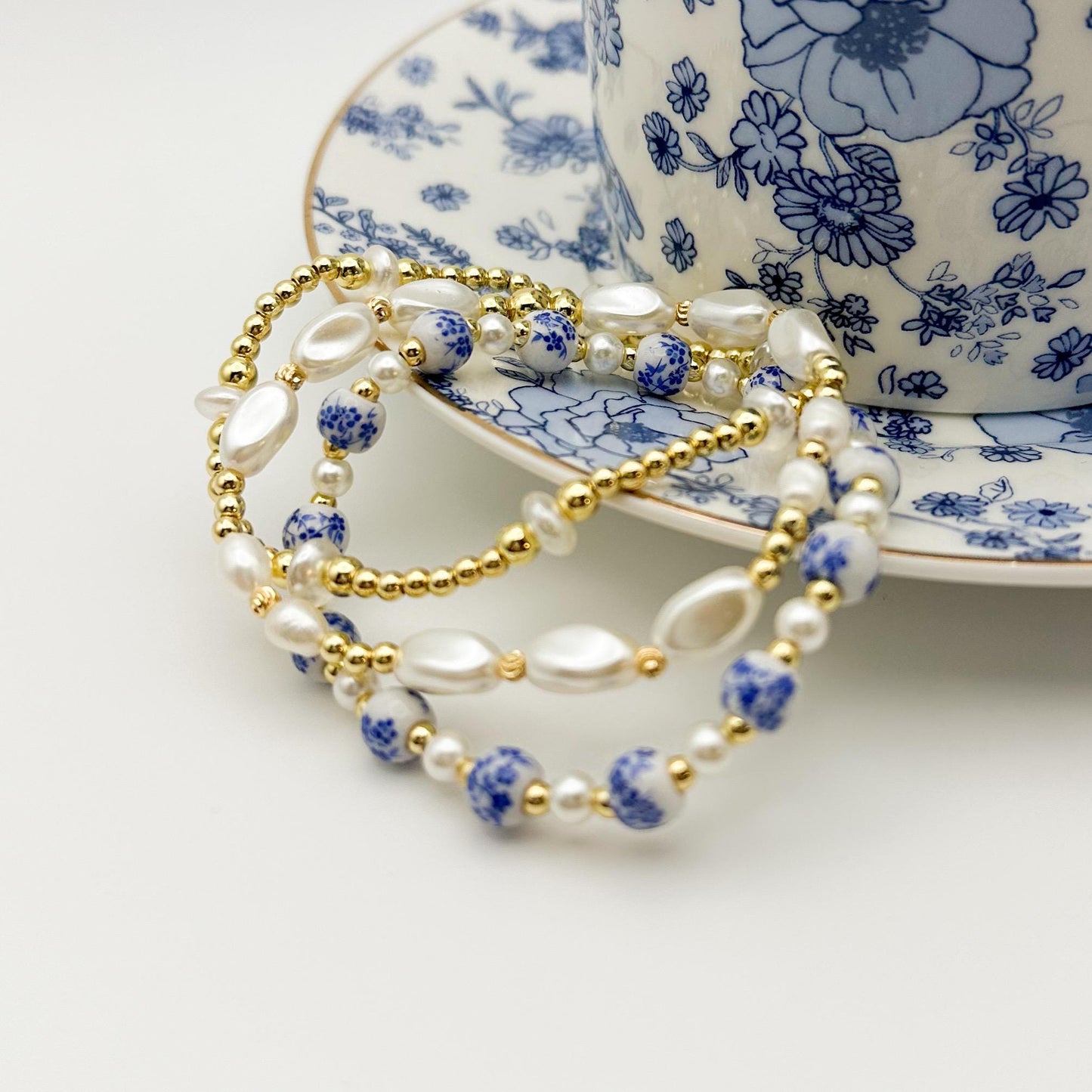 Blue floral bead  with Pearl and gold bracelet stack/ gold filled/ painted bead bracelet set/ Pearl bracelets / painted beads