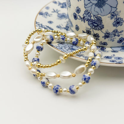 Blue floral bead  with Pearl and gold bracelet stack/ gold filled/ painted bead bracelet set/ Pearl bracelets / painted beads