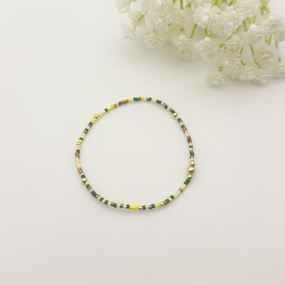 Nature | 18k gold filled with green, yellow and brown bracelet stack | beaded stretch bracelet | tiny bead bracelet | seed bead | gift set