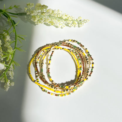 Nature | 18k gold filled with green, yellow and brown bracelet stack | beaded stretch bracelet | tiny bead bracelet | seed bead | gift set