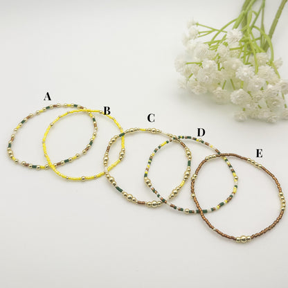 Nature | 18k gold filled with green, yellow and brown bracelet stack | beaded stretch bracelet | tiny bead bracelet | seed bead | gift set