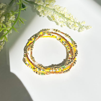 Nature | 18k gold filled with green, yellow and brown bracelet stack | beaded stretch bracelet | tiny bead bracelet | seed bead | gift set