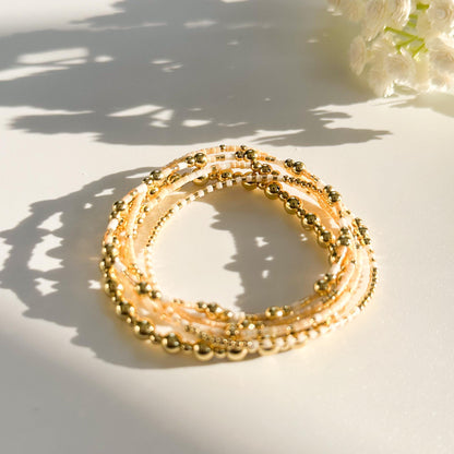 Sun & Sand | 18k Gold Filled with White and Caramel Color Bracelet Stack | Beaded Stretch Bracelet | Tiny Bead Bracelet