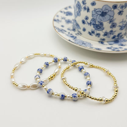 Blue floral bead  with Pearl and gold bracelet stack/ gold filled/ painted bead bracelet set/ Pearl bracelets / painted beads