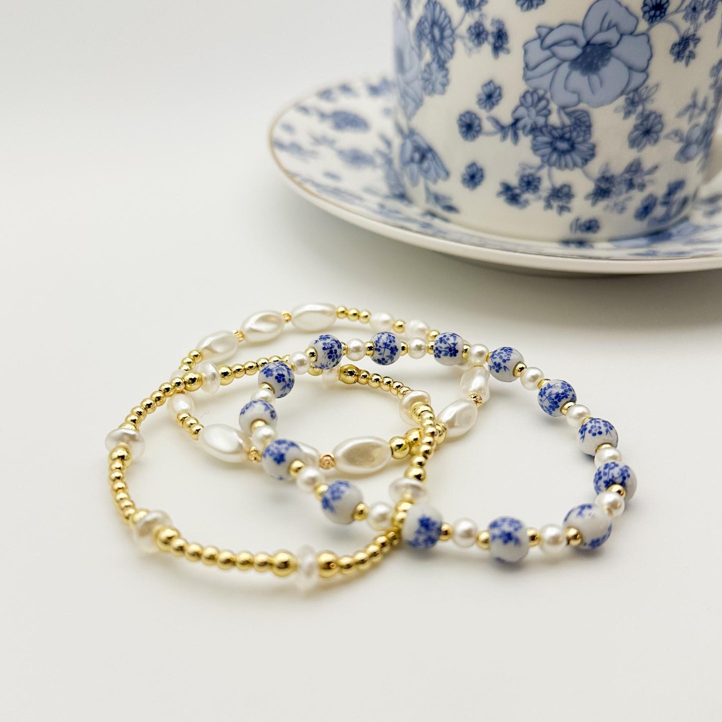 Blue floral bead  with Pearl and gold bracelet stack/ gold filled/ painted bead bracelet set/ Pearl bracelets / painted beads