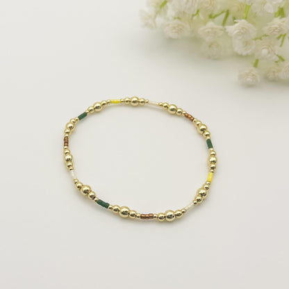 Nature | 18k gold filled with green, yellow and brown bracelet stack | beaded stretch bracelet | tiny bead bracelet | seed bead | gift set