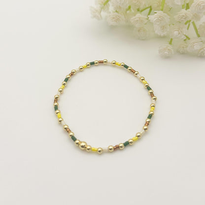 Nature | 18k gold filled with green, yellow and brown bracelet stack | beaded stretch bracelet | tiny bead bracelet | seed bead | gift set