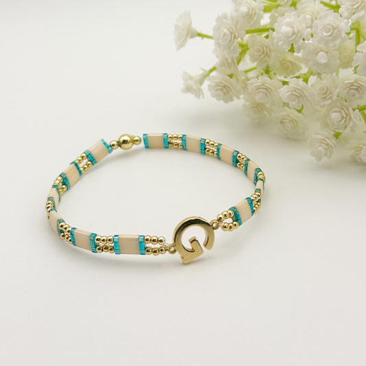 Tila Bead Initial Bracelet | 18k Gold Filled Cream & Teal