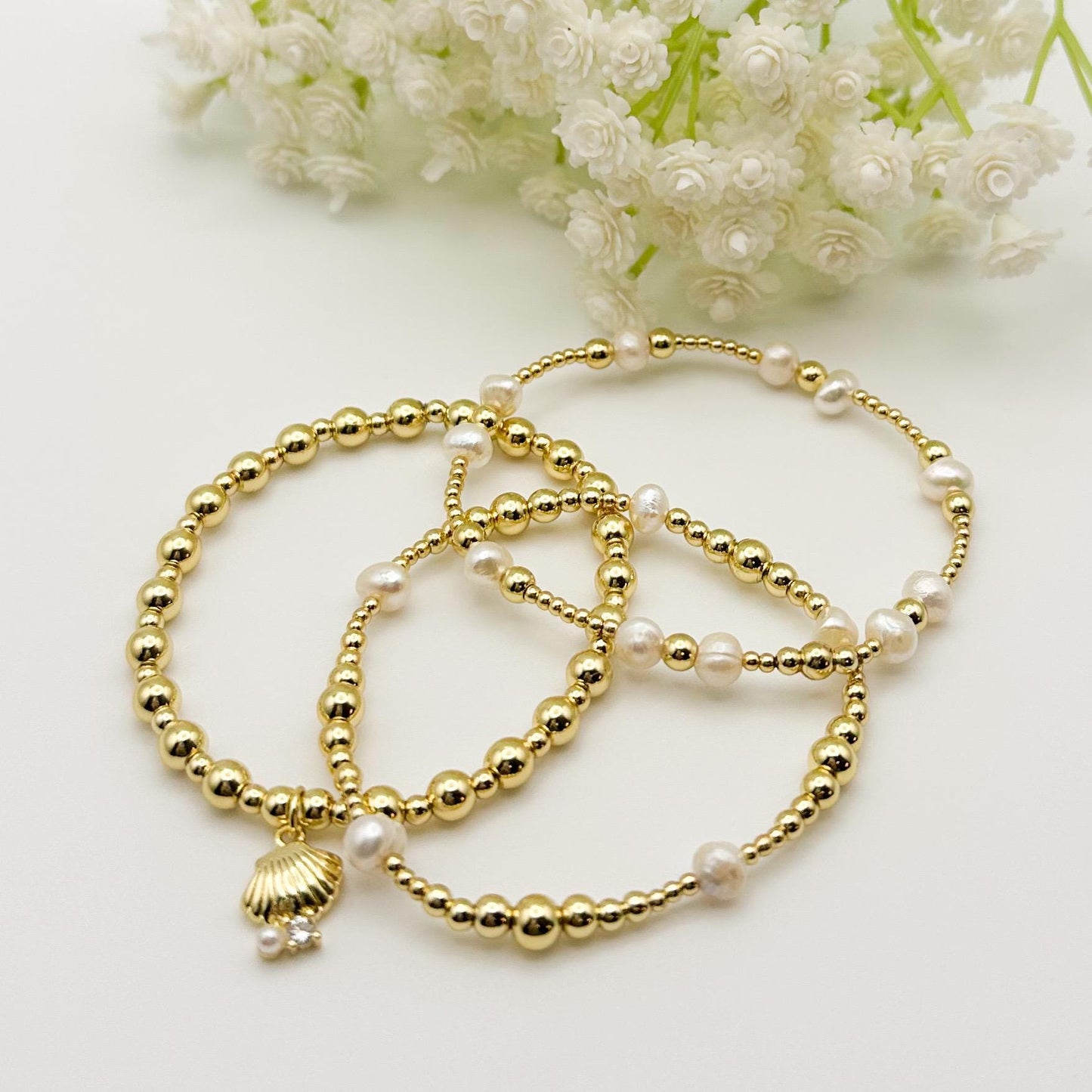 Gold Beaded Cultured Pearl Bracelet Set