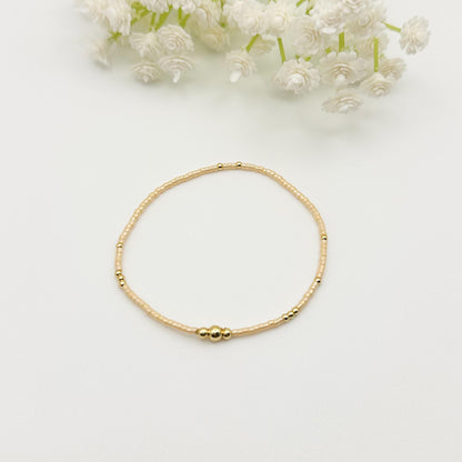 Sun & Sand | 18k Gold Filled with White and Caramel Color Bracelet Stack | Beaded Stretch Bracelet | Tiny Bead Bracelet