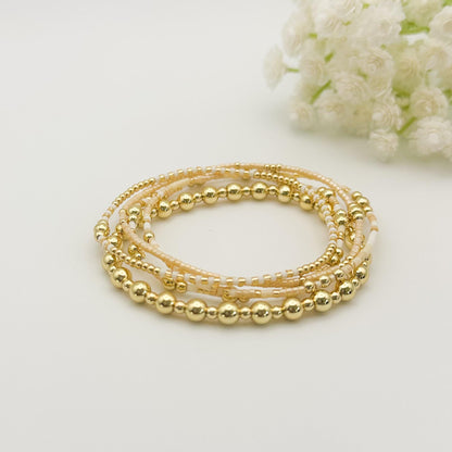 Sun & Sand | 18k Gold Filled with White and Caramel Color Bracelet Stack | Beaded Stretch Bracelet | Tiny Bead Bracelet