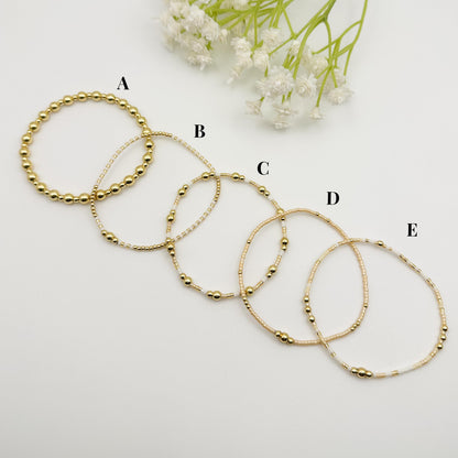 Sun & Sand | 18k Gold Filled with White and Caramel Color Bracelet Stack | Beaded Stretch Bracelet | Tiny Bead Bracelet