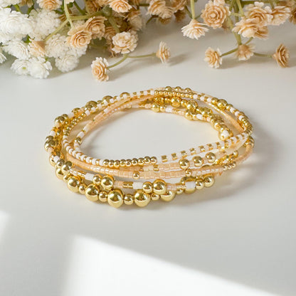 Sun & Sand | 18k Gold Filled with White and Caramel Color Bracelet Stack | Beaded Stretch Bracelet | Tiny Bead Bracelet