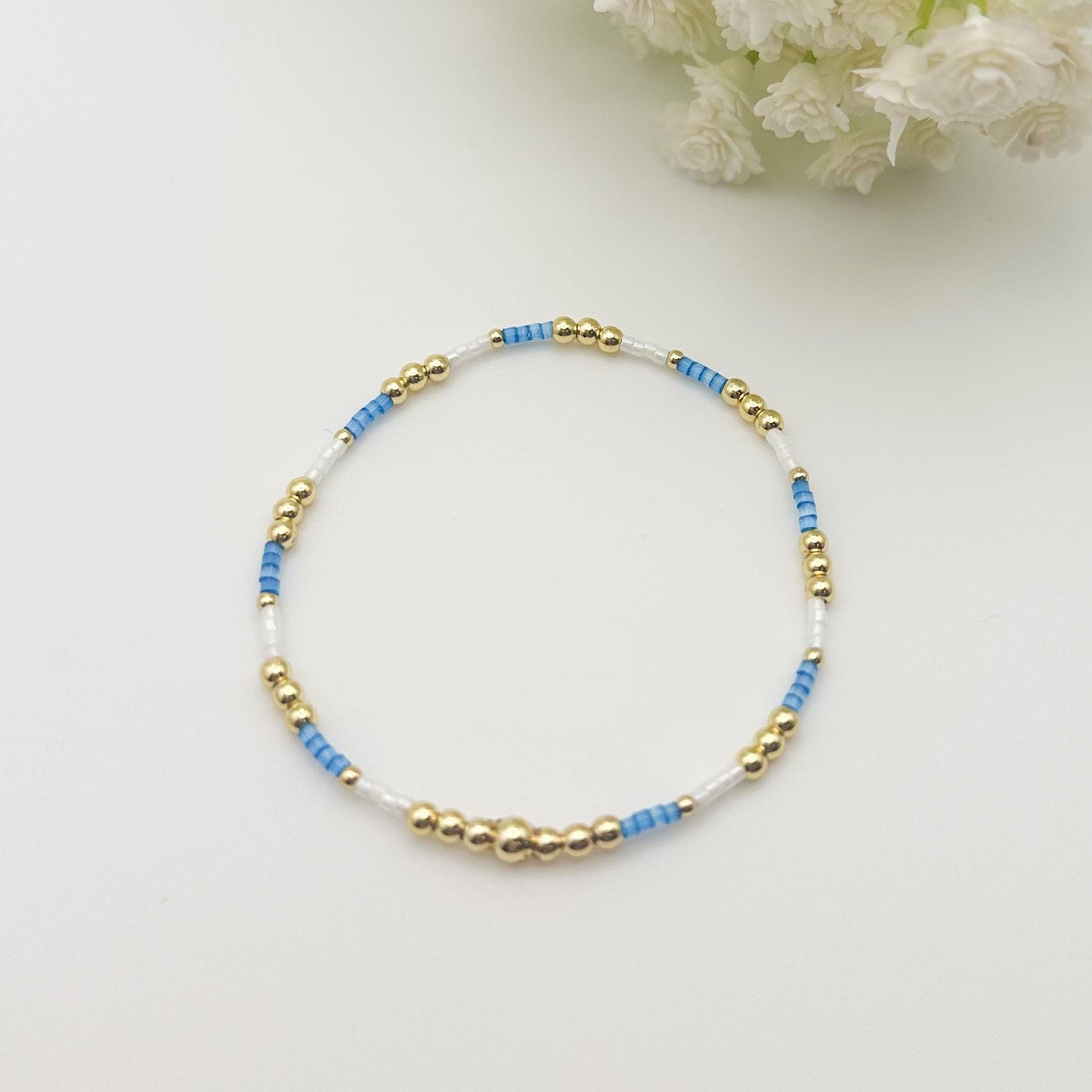 Blue and White 3 Piece Stack | 18k Gold Filled with Seed Bead Bracelet Stack | Tiny Bead Bracelet | Stretch Bracelets