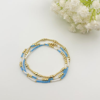 Blue and White 3 Piece Stack | 18k Gold Filled with Seed Bead Bracelet Stack | Tiny Bead Bracelet | Stretch Bracelets