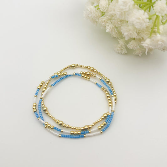 Blue and White 3 Piece Stack | 18k Gold Filled with Seed Bead Bracelet Stack | Tiny Bead Bracelet | Stretch Bracelets