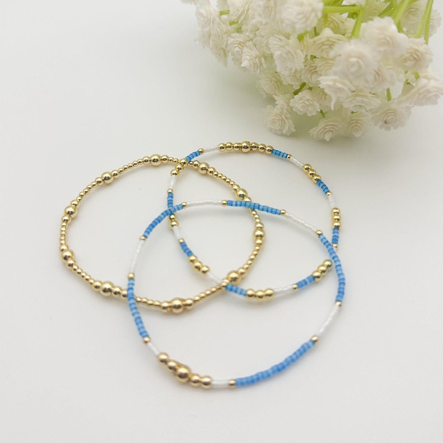 Blue and White 3 Piece Stack | 18k Gold Filled with Seed Bead Bracelet Stack | Tiny Bead Bracelet | Stretch Bracelets