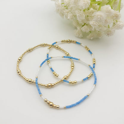 Blue and White 3 Piece Stack | 18k Gold Filled with Seed Bead Bracelet Stack | Tiny Bead Bracelet | Stretch Bracelets