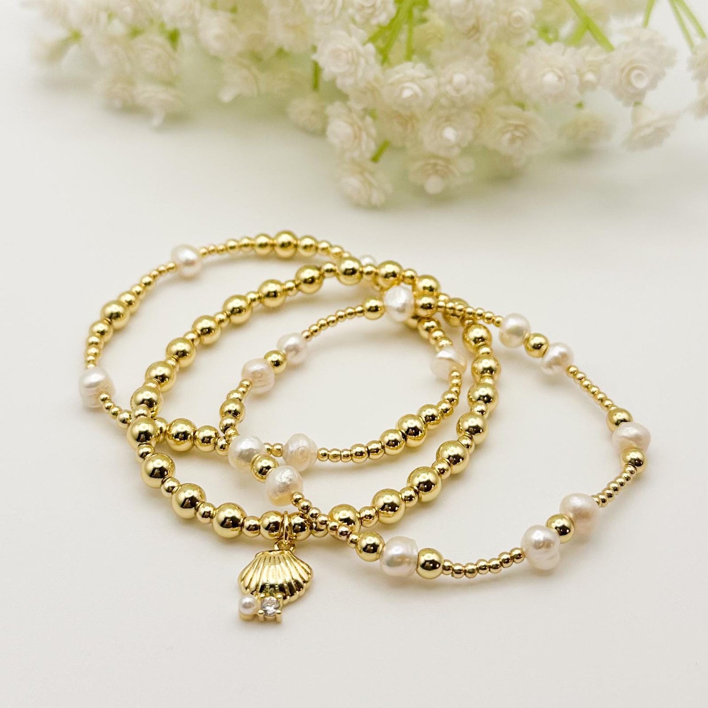 Gold Beaded Cultured Pearl Bracelet Set