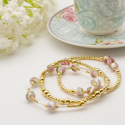 Floral Pink and Gold Bead Bracelet |  18k gold filled with Pink Floral and White Seed Beads| Coquette Bracelets | Bracelet Stack