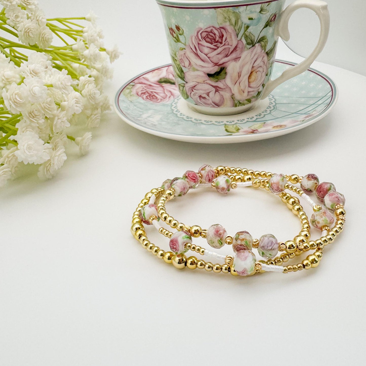 Floral pink and gold bead bracelet | 18k gold filled beads with pink floral bead bracelets