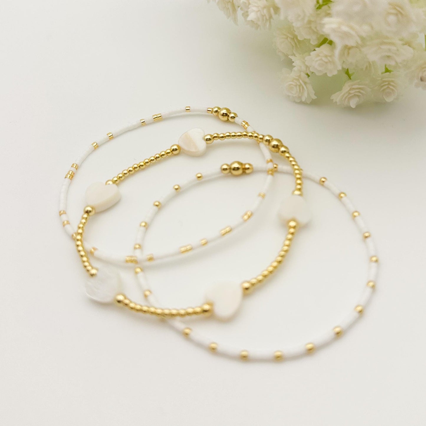 18k gold filled heart bracelet /gold filled beads/white heart/ bracelet stack/minimalist jewelry/ layered gold bracelet/aesthetic/gold stack
