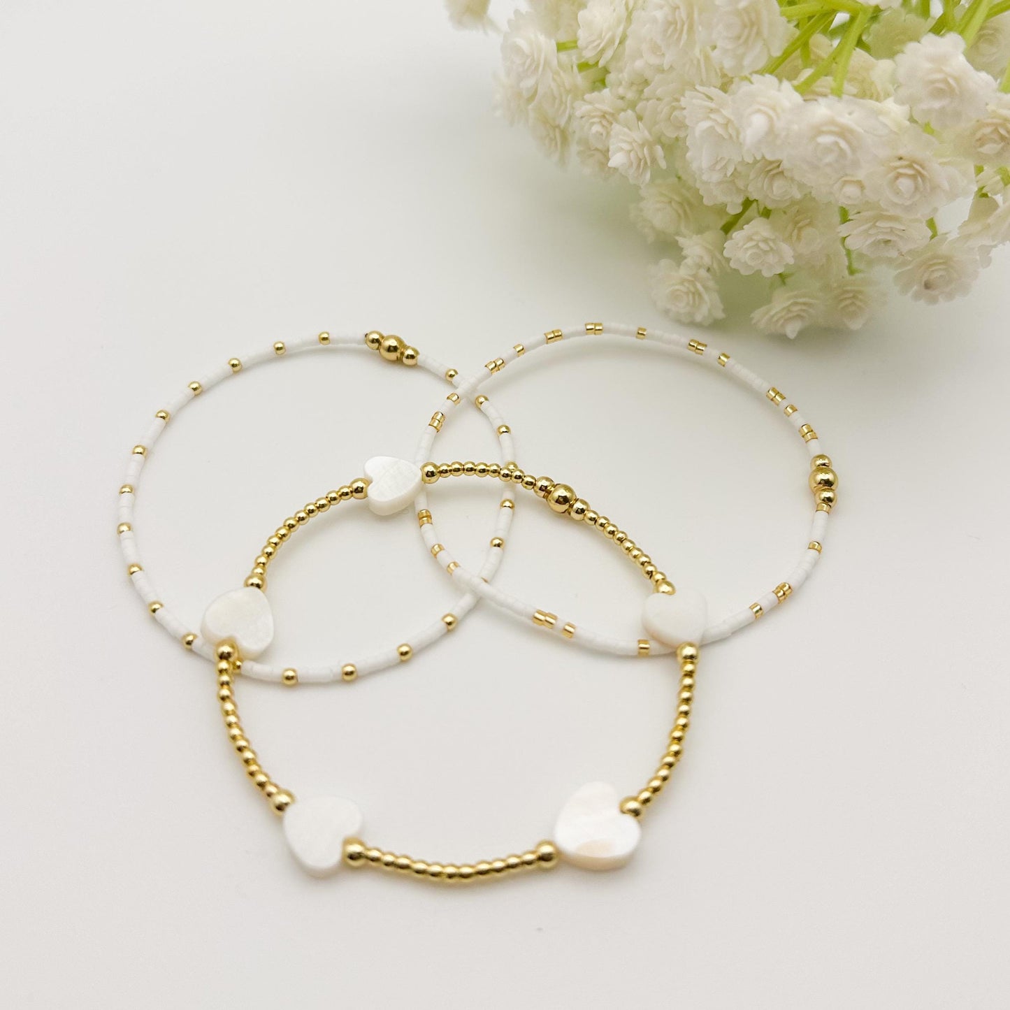 18k gold filled heart bracelet /gold filled beads/white heart/ bracelet stack/minimalist jewelry/ layered gold bracelet/aesthetic/gold stack