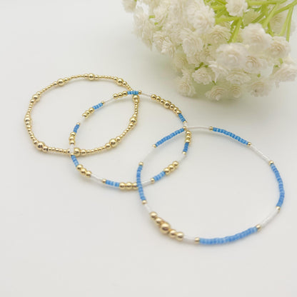 Blue and White 3 Piece Stack | 18k Gold Filled with Seed Bead Bracelet Stack | Tiny Bead Bracelet | Stretch Bracelets