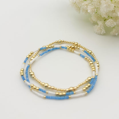 Blue and White 3 Piece Stack | 18k Gold Filled with Seed Bead Bracelet Stack | Tiny Bead Bracelet | Stretch Bracelets