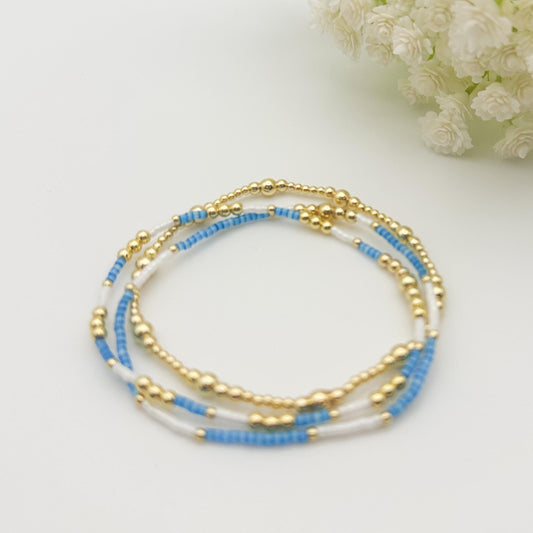 Blue and White 3 Piece Stack | 18k Gold Filled with Seed Bead Bracelet Stack | Tiny Bead Bracelet | Stretch Bracelets