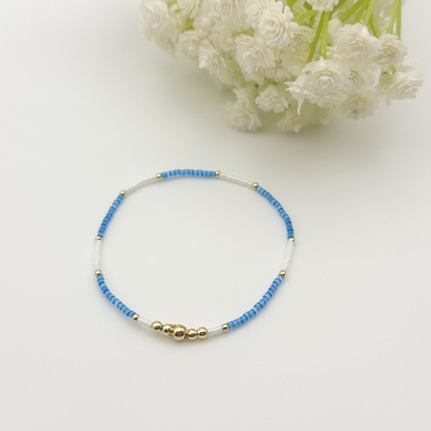 Blue and White 3 Piece Stack | 18k Gold Filled with Seed Bead Bracelet Stack | Tiny Bead Bracelet | Stretch Bracelets