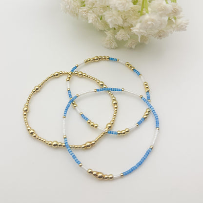 Blue and White 3 Piece Stack | 18k Gold Filled with Seed Bead Bracelet Stack | Tiny Bead Bracelet | Stretch Bracelets