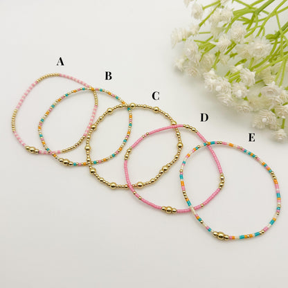 Summer Day | 18k gold filled with teal, pink & cream bracelet stack | beaded stretch bracelet | tiny bead bracelet | seed bead |bracelet set