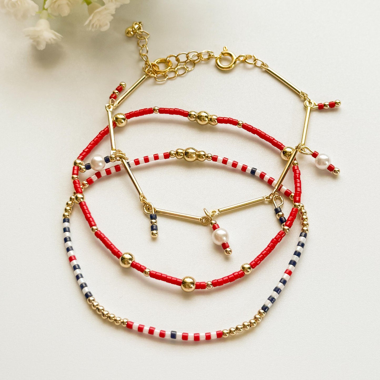 USA | 4th of July bracelets | Red, White and Blue bracelets | beaded bracelets | 18k gold filled | charm bracelet | patriotic bracelets