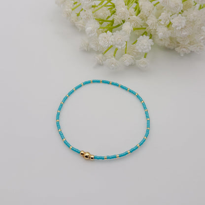 Teal Mix Seed Bead Bracelet Stack | 18k Gold Filled Stretch Bracelets | Tiny Bead Bracelets