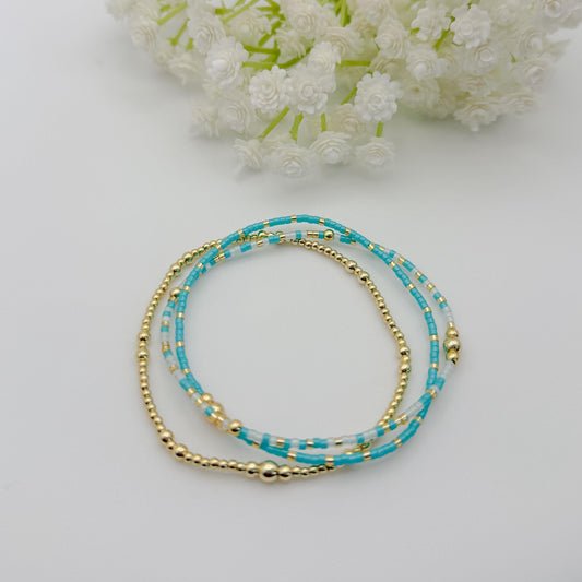 Teal Mix Seed Bead Bracelet Stack | 18k Gold Filled Stretch Bracelets | Tiny Bead Bracelets