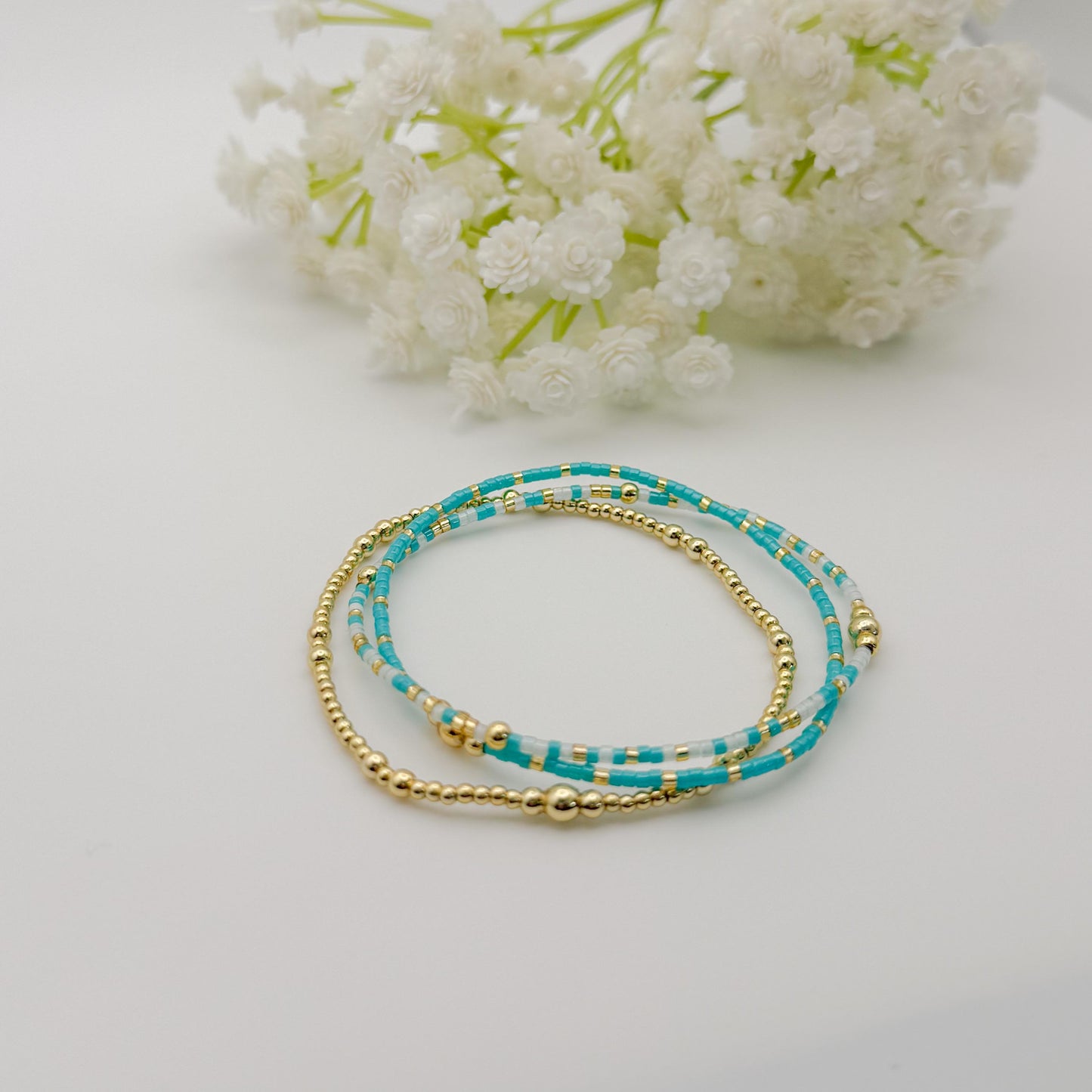 Teal Mix Seed Bead Bracelet Stack | 18k Gold Filled Stretch Bracelets | Tiny Bead Bracelets