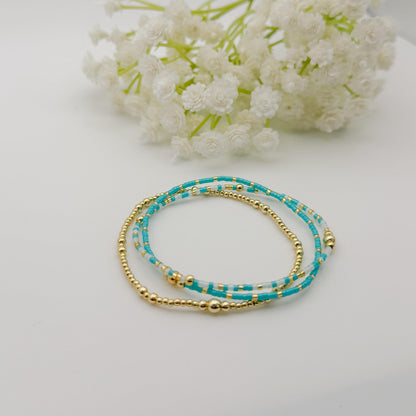 Teal Mix Seed Bead Bracelet Stack | 18k Gold Filled Stretch Bracelets | Tiny Bead Bracelets