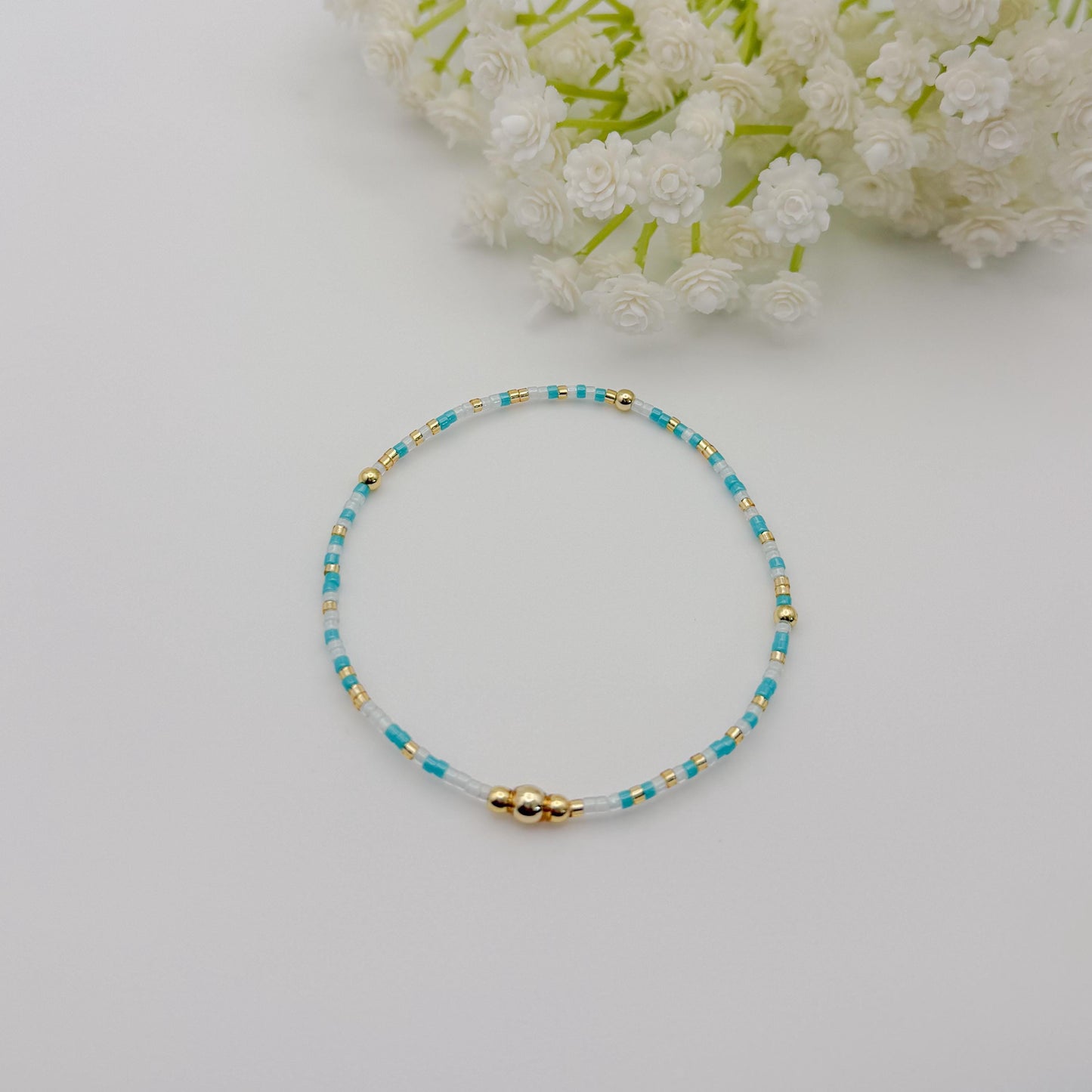 Teal Mix Seed Bead Bracelet Stack | 18k Gold Filled Stretch Bracelets | Tiny Bead Bracelets